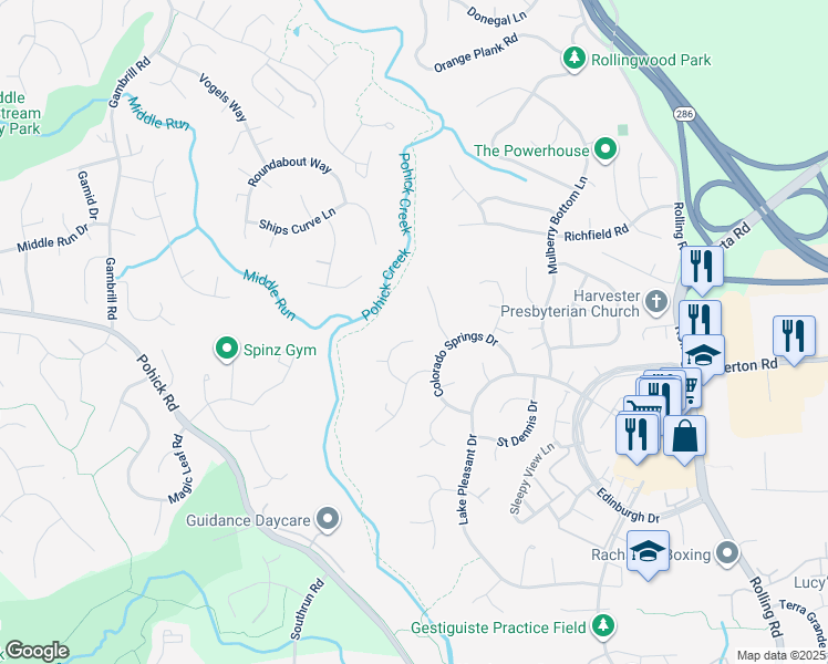 map of restaurants, bars, coffee shops, grocery stores, and more near 7902 Journey Lane in Springfield