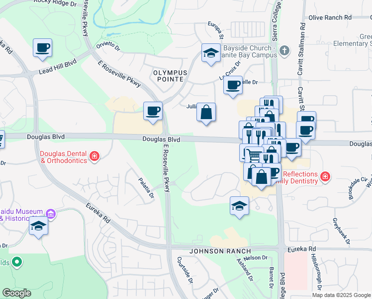 map of restaurants, bars, coffee shops, grocery stores, and more near 3200 Douglas Boulevard in Roseville