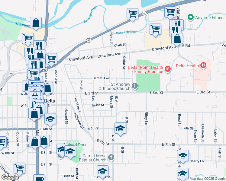 map of restaurants, bars, coffee shops, grocery stores, and more near 857 East 3rd Street in Delta