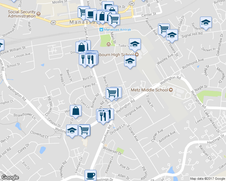 map of restaurants, bars, coffee shops, grocery stores, and more near 9013 Sandalwood Drive in Manassas
