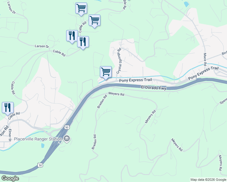 map of restaurants, bars, coffee shops, grocery stores, and more near 3095 Meyers Road in Camino