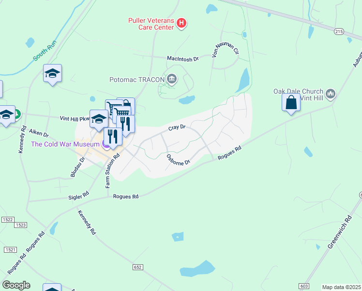 map of restaurants, bars, coffee shops, grocery stores, and more near 4055 Shrayer Court in Warrenton