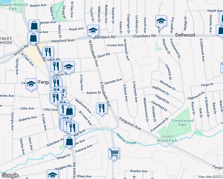 map of restaurants, bars, coffee shops, grocery stores, and more near 110 South Elizabeth Avenue in Ferguson