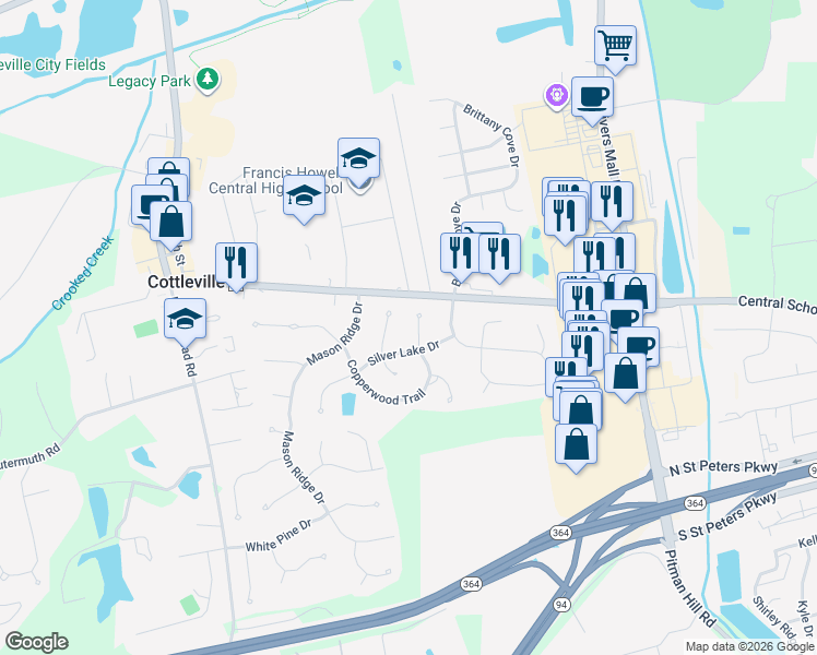 map of restaurants, bars, coffee shops, grocery stores, and more near 207 Copperwood Trail in Saint Charles
