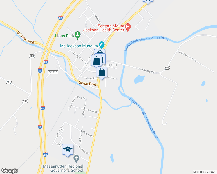 map of restaurants, bars, coffee shops, grocery stores, and more near 6044 Main Street in Mount Jackson