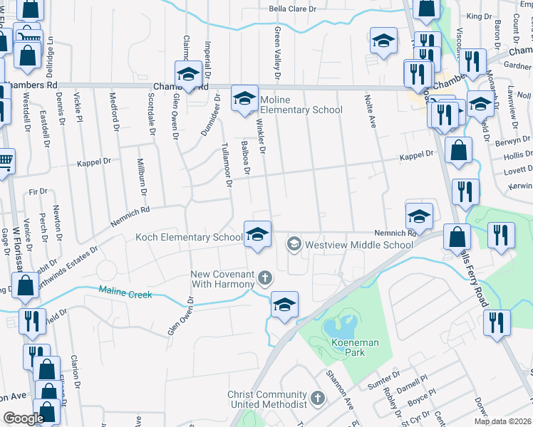 map of restaurants, bars, coffee shops, grocery stores, and more near 9613 Winkler Drive in St. Louis