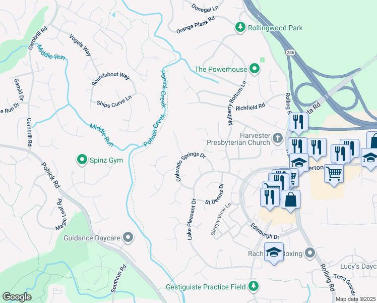 map of restaurants, bars, coffee shops, grocery stores, and more near 7920 Colorado Springs Drive in Springfield