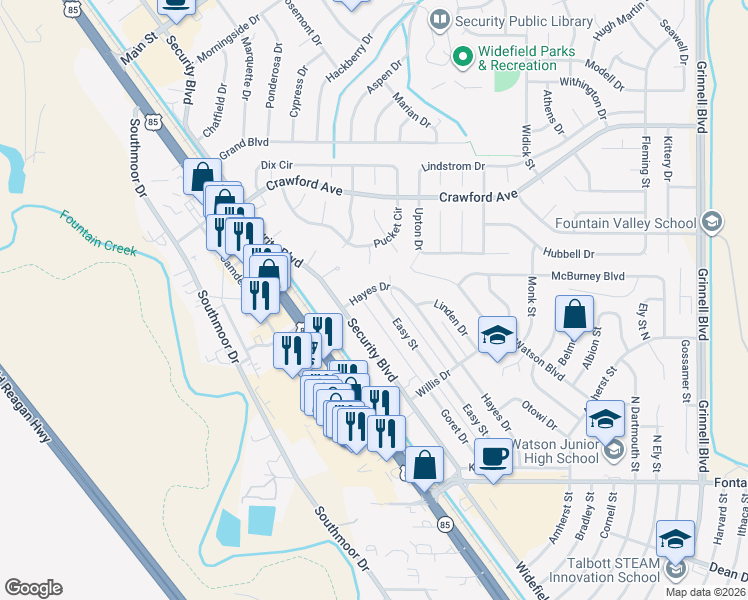 map of restaurants, bars, coffee shops, grocery stores, and more near 136 Easy Street in Colorado Springs