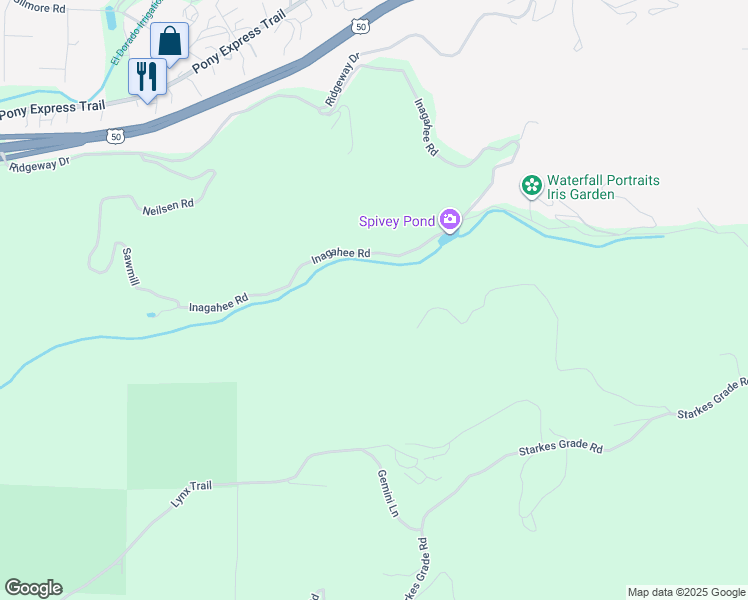map of restaurants, bars, coffee shops, grocery stores, and more near 7700 Saint John Road in Pollock Pines