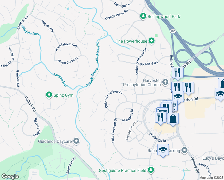 map of restaurants, bars, coffee shops, grocery stores, and more near 7920 Colorado Springs Drive in Springfield
