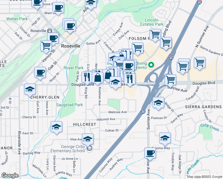 map of restaurants, bars, coffee shops, grocery stores, and more near 1014 Douglas Boulevard in Roseville