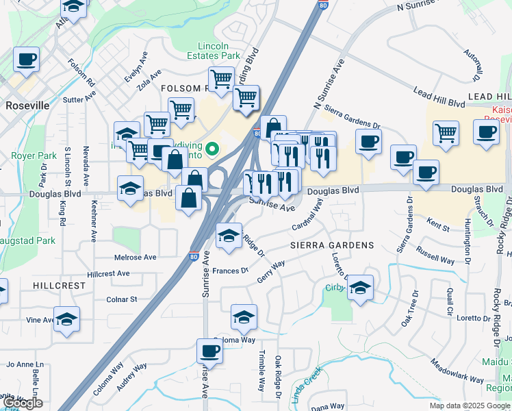 map of restaurants, bars, coffee shops, grocery stores, and more near 201 Sunrise Avenue in Roseville