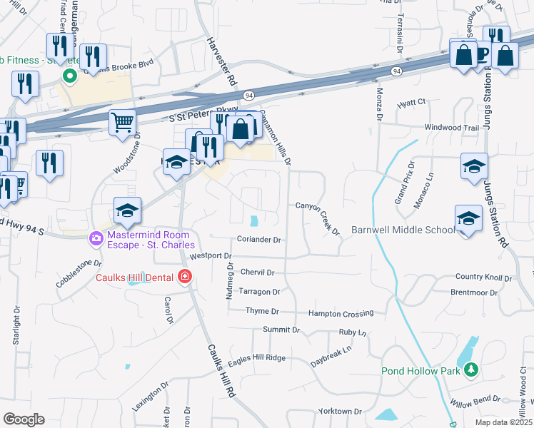 map of restaurants, bars, coffee shops, grocery stores, and more near 1500 Summergate Parkway in St. Peters