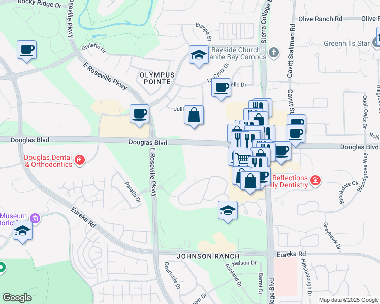 map of restaurants, bars, coffee shops, grocery stores, and more near 3300 Douglas Boulevard in Roseville