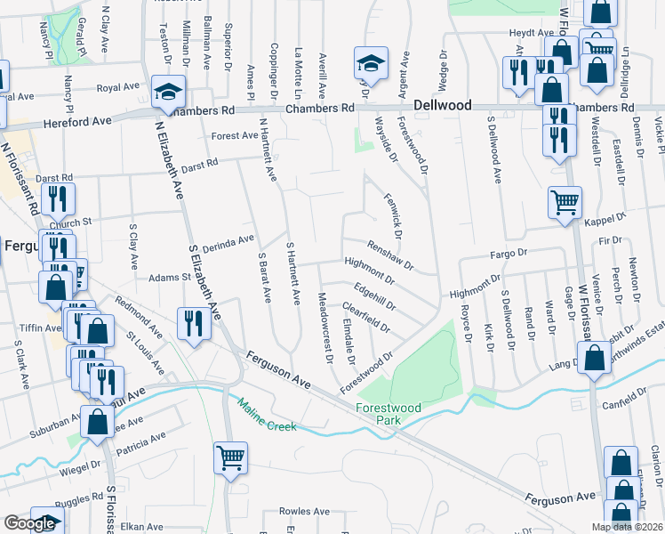 map of restaurants, bars, coffee shops, grocery stores, and more near 936 Highmont Drive in Ferguson