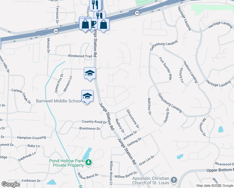 map of restaurants, bars, coffee shops, grocery stores, and more near 3035 Plum Creek Drive in St. Peters
