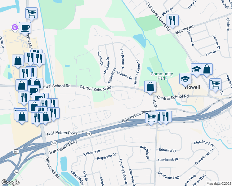 map of restaurants, bars, coffee shops, grocery stores, and more near 4701 Central School Road in Saint Charles