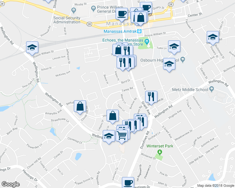 map of restaurants, bars, coffee shops, grocery stores, and more near 9239 Taney Road in Manassas