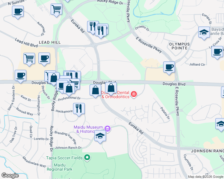 map of restaurants, bars, coffee shops, grocery stores, and more near 2901-2989 Professional Dr in Roseville