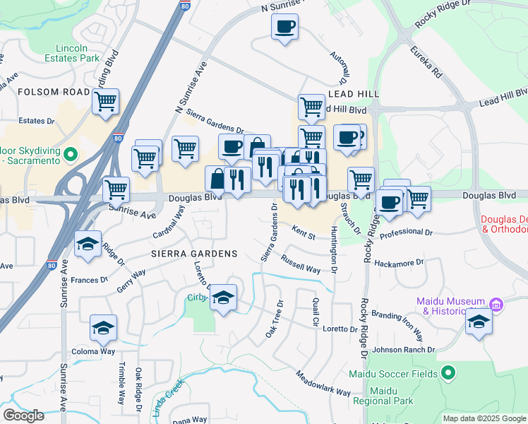 map of restaurants, bars, coffee shops, grocery stores, and more near 202 Kent Place in Roseville