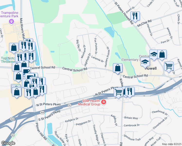 map of restaurants, bars, coffee shops, grocery stores, and more near 106 Estes Dr in St. Peters