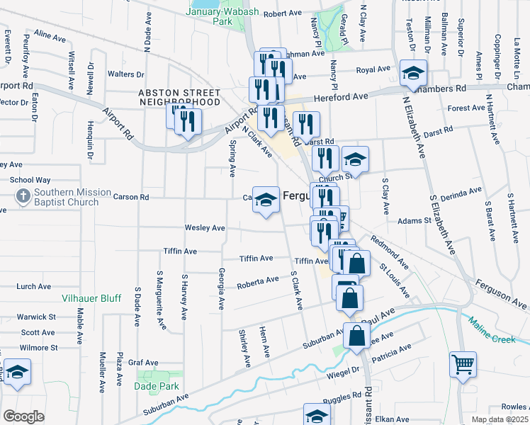 map of restaurants, bars, coffee shops, grocery stores, and more near 25 South Clark Avenue in Ferguson
