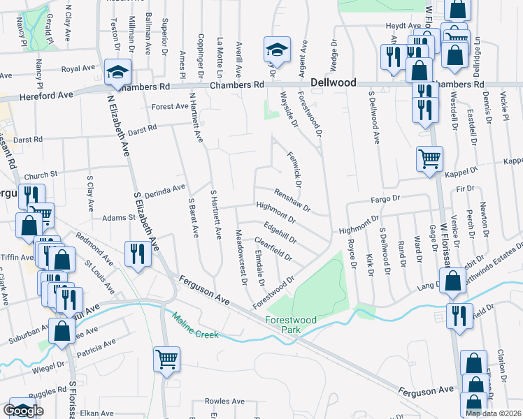 map of restaurants, bars, coffee shops, grocery stores, and more near 1024 Highmont Drive in Ferguson