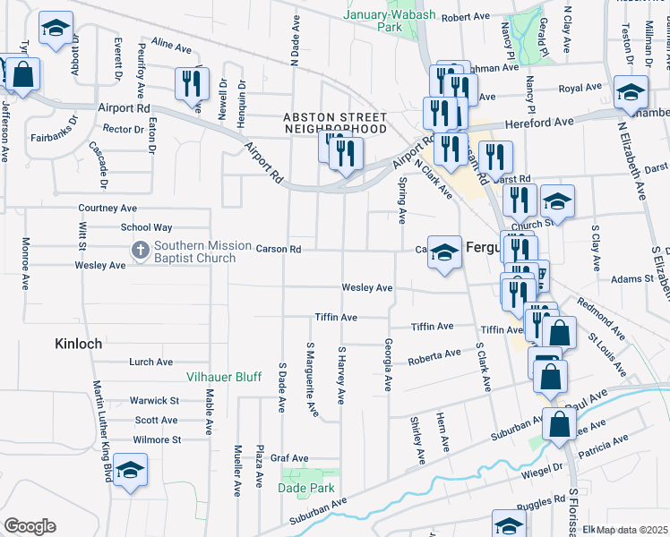 map of restaurants, bars, coffee shops, grocery stores, and more near 17 South Harvey Avenue in Ferguson