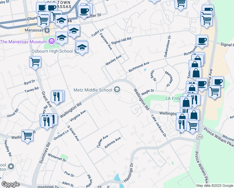 map of restaurants, bars, coffee shops, grocery stores, and more near 9950 Wellington Road in Manassas