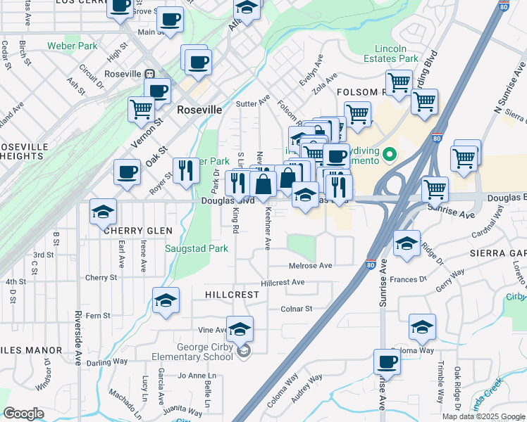 map of restaurants, bars, coffee shops, grocery stores, and more near 104 Keehner Ave in Roseville
