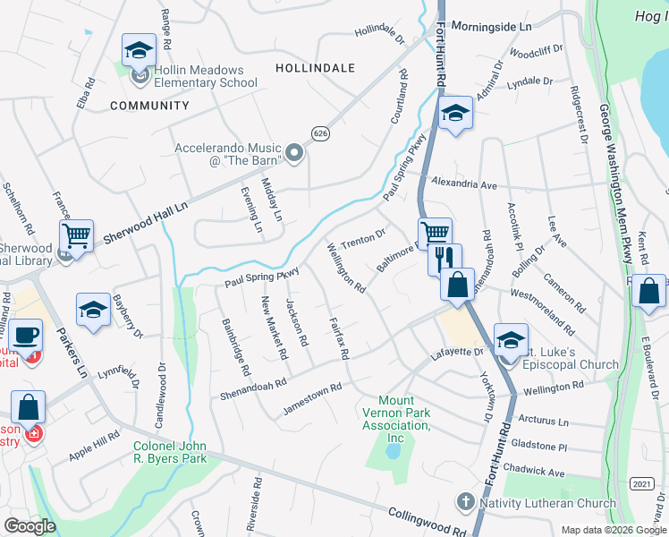 map of restaurants, bars, coffee shops, grocery stores, and more near 7908 Wellington Road in Alexandria