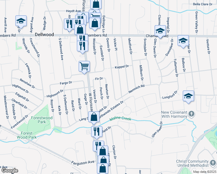 map of restaurants, bars, coffee shops, grocery stores, and more near 9712 Newton Drive in St. Louis