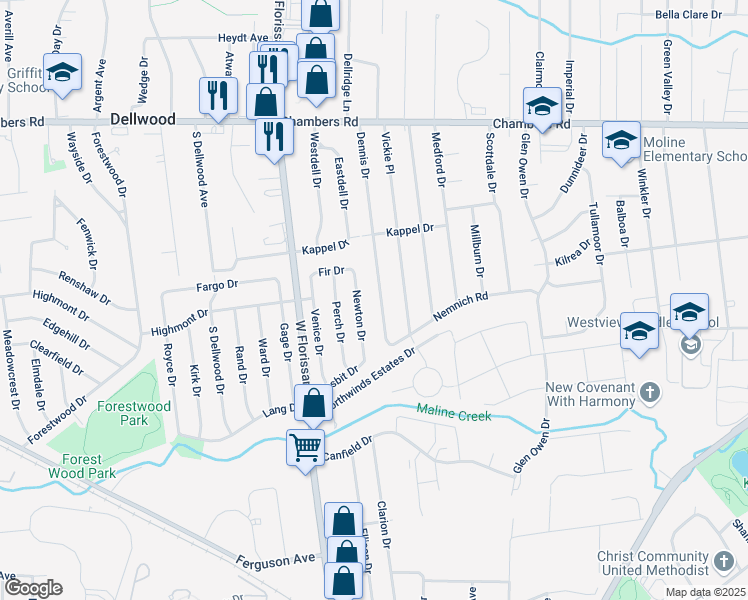 map of restaurants, bars, coffee shops, grocery stores, and more near 9741 Dennis Drive in Saint Louis