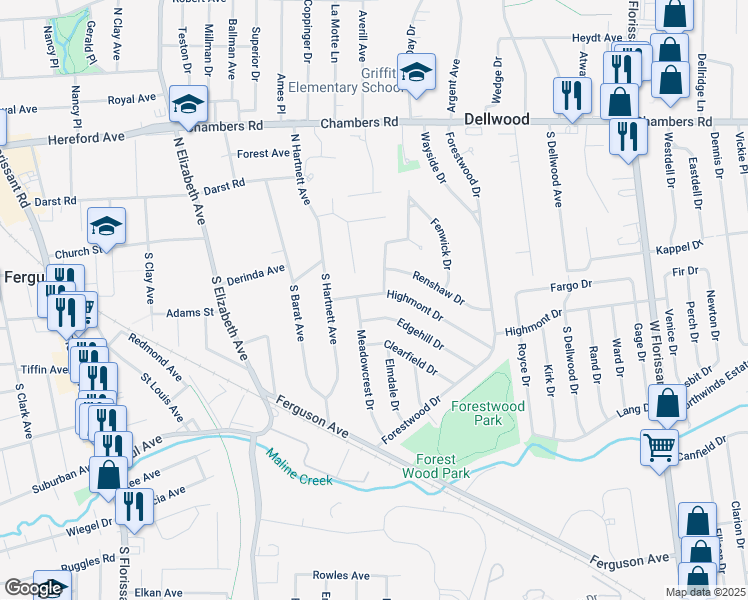 map of restaurants, bars, coffee shops, grocery stores, and more near 936 Highmont Drive in Ferguson