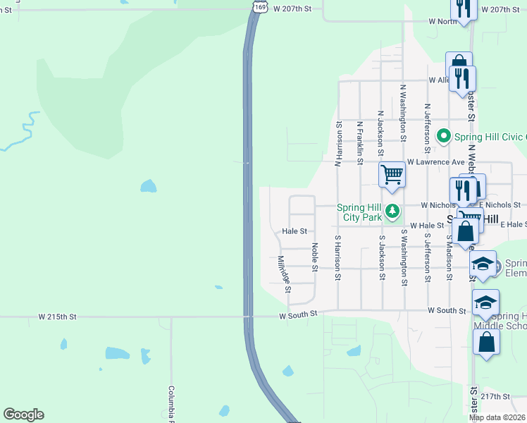map of restaurants, bars, coffee shops, grocery stores, and more near 21086 Millridge Street in Spring Hill