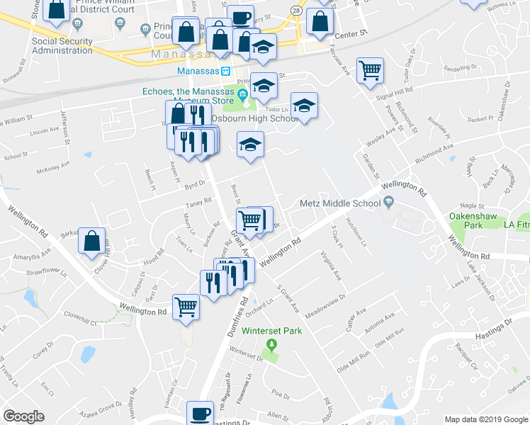 map of restaurants, bars, coffee shops, grocery stores, and more near 9007A Sandalwood Dr in Manassas