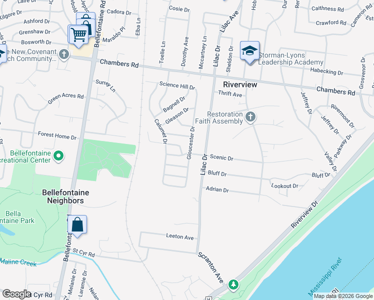 map of restaurants, bars, coffee shops, grocery stores, and more near 9801 Gloucester Drive in St. Louis