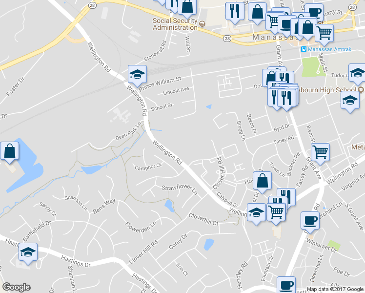 map of restaurants, bars, coffee shops, grocery stores, and more near 9596 Buttonbush Court in Manassas