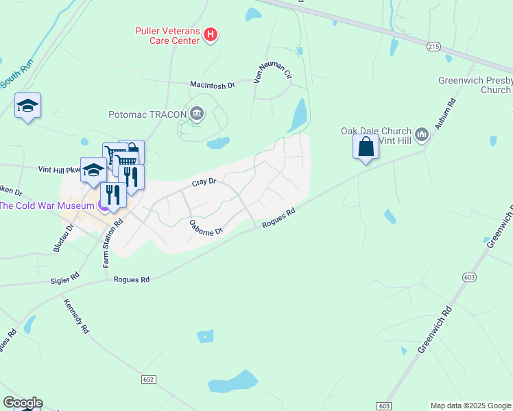 map of restaurants, bars, coffee shops, grocery stores, and more near 3607 Mauchley Court in Warrenton