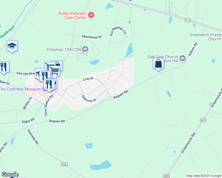 map of restaurants, bars, coffee shops, grocery stores, and more near 3607 Mauchley Court in Warrenton