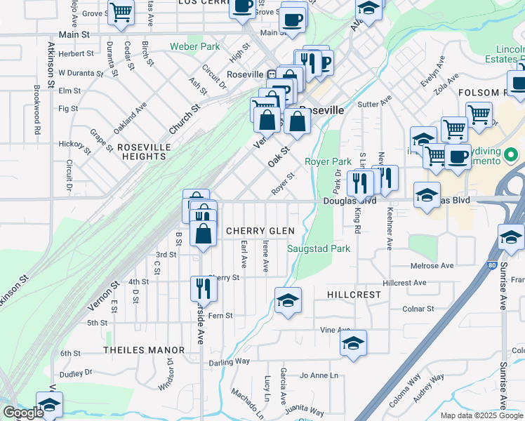 map of restaurants, bars, coffee shops, grocery stores, and more near 108 Irene Avenue in Roseville