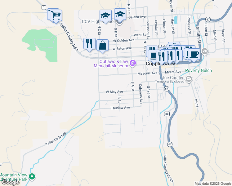 map of restaurants, bars, coffee shops, grocery stores, and more near 304 West May Avenue in Cripple Creek