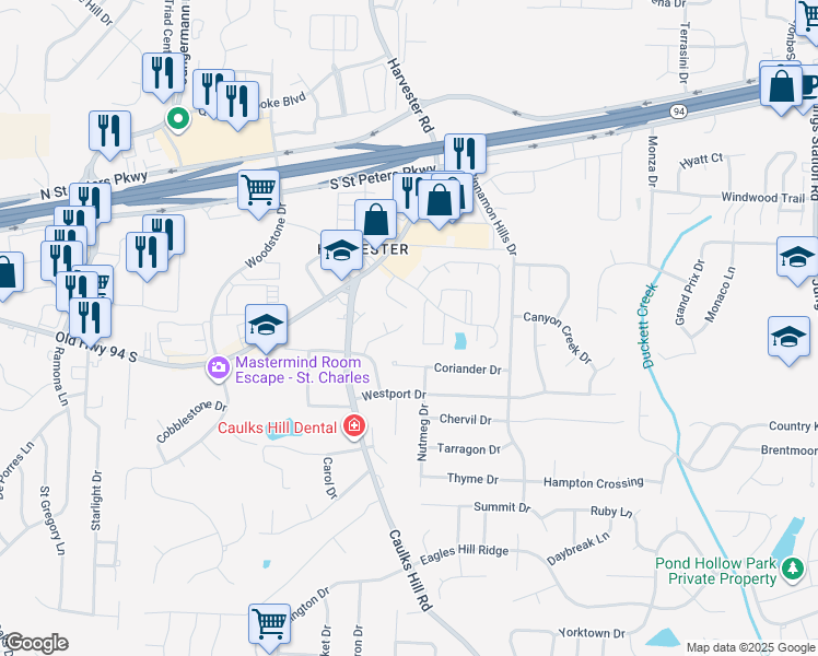 map of restaurants, bars, coffee shops, grocery stores, and more near 3708 Nottingham Drive in Saint Charles