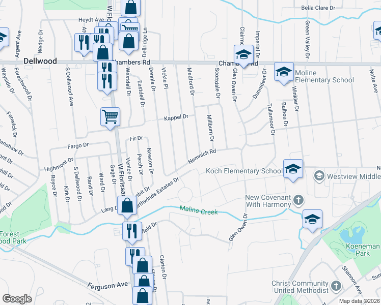 map of restaurants, bars, coffee shops, grocery stores, and more near 9714 Lorna Ln in St Louis