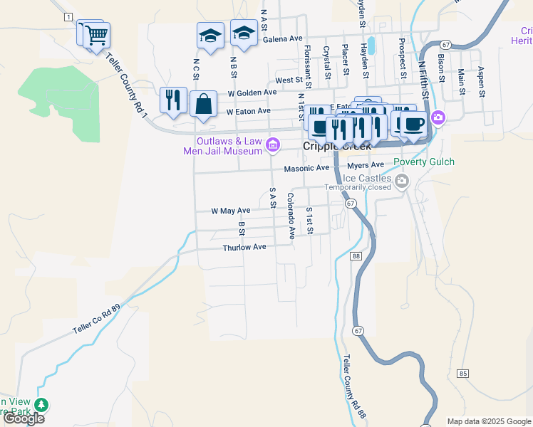 map of restaurants, bars, coffee shops, grocery stores, and more near 325 North A Street in Cripple Creek