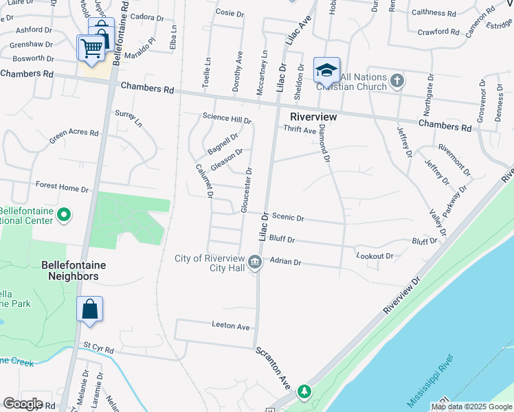 map of restaurants, bars, coffee shops, grocery stores, and more near 9809 Lilac Drive in St. Louis