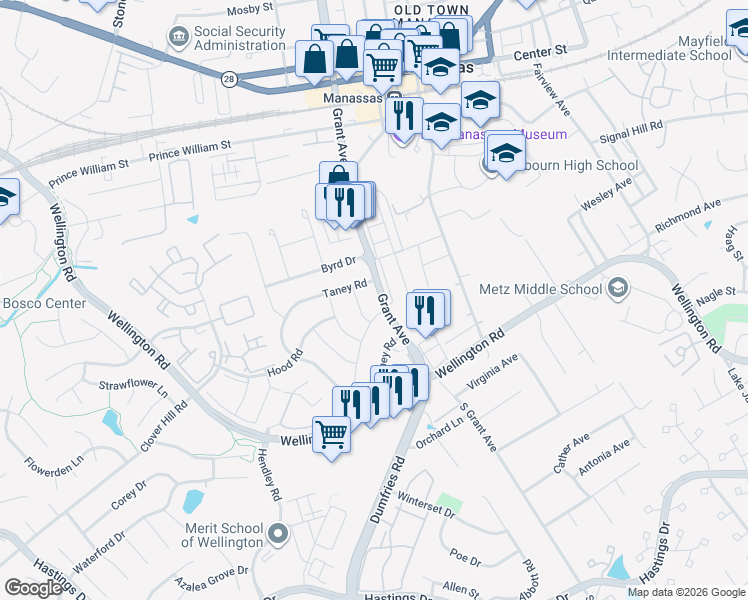 map of restaurants, bars, coffee shops, grocery stores, and more near 9726 Grant Avenue in Manassas