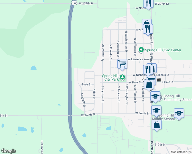 map of restaurants, bars, coffee shops, grocery stores, and more near 21091 Noble Street in Spring Hill