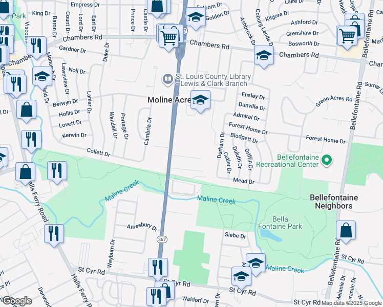 map of restaurants, bars, coffee shops, grocery stores, and more near 1223 Twill Court in St. Louis