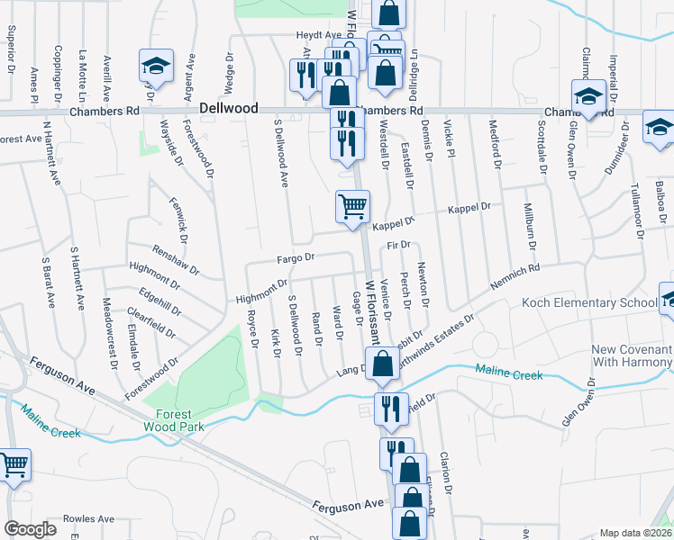 map of restaurants, bars, coffee shops, grocery stores, and more near 1345 Highmont Drive in Ferguson